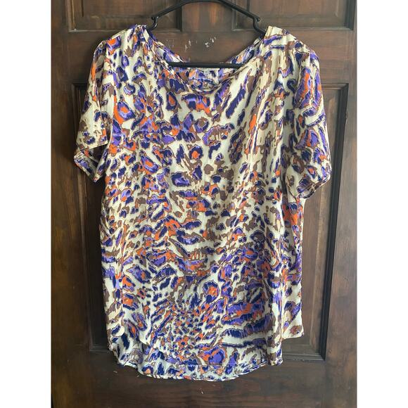 Simply Chic Boutique Print Blouse Short Sleeve Large Polyester Orange Purple - Picture 5 of 7